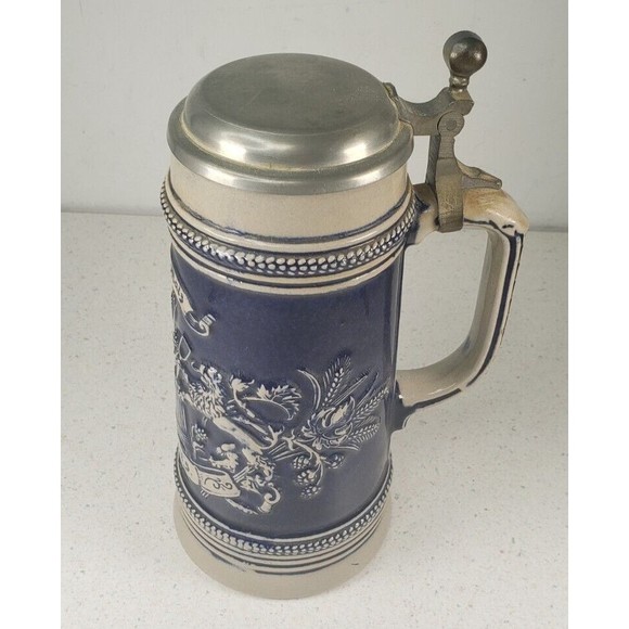 Vintage Original Gerzit Lidded German Stoneware Beer Stein Cobalt Blue Pewter - Picture 3 of 14